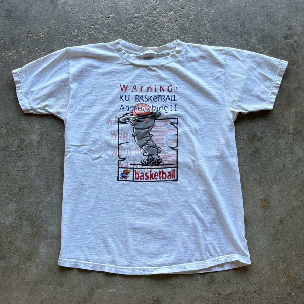 Vtg Midwest Graphics KU Basketball Tee Unisex L White Excellent 90s Y2K Jayhawks